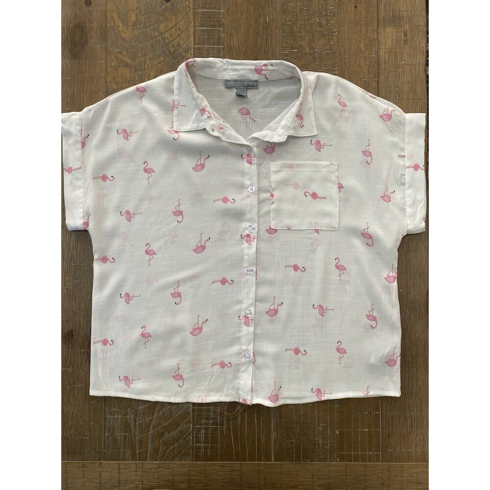 By Design Flamingo Print Button Down Shirt L White Pink Tropical Crop Top Blouse